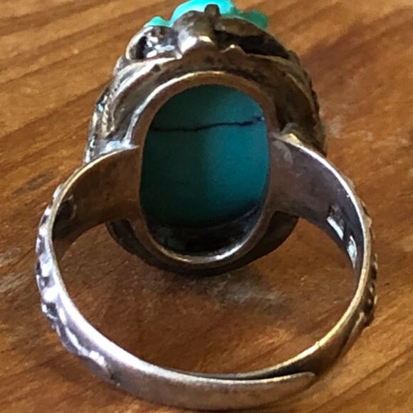 Vintage Asian Sterling Silver & Carved Turquoise Ring Adjustable Size 5 - Picture 7 of 7
